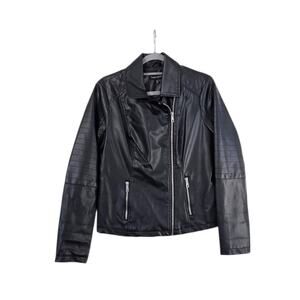 Black Faux Leather Asymmetrical Zip Quilted Moto Jacket New Look Women's Medium